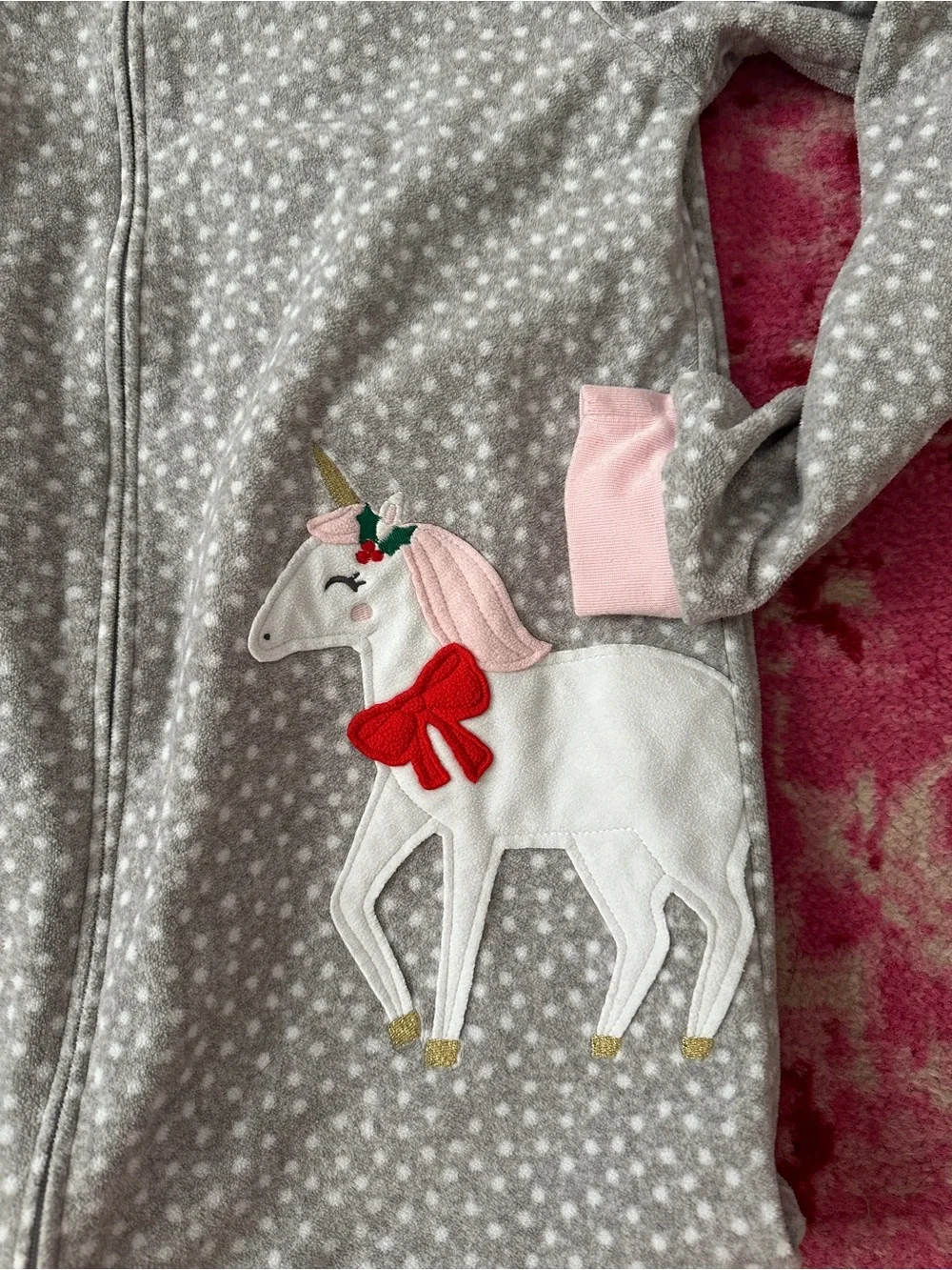 Carter's Gray Star Zip-Up Footie Pajama with Pink Trim and Unicorn Appliqué